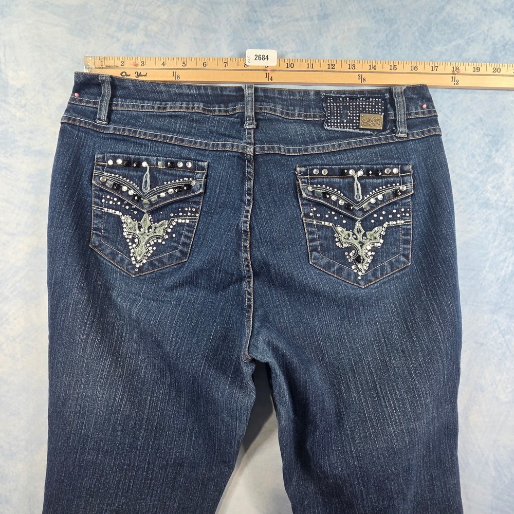 One 5 One Womens Embellished Rhinestone Back Pocket Straight Leg Jeans‎ Blue 12